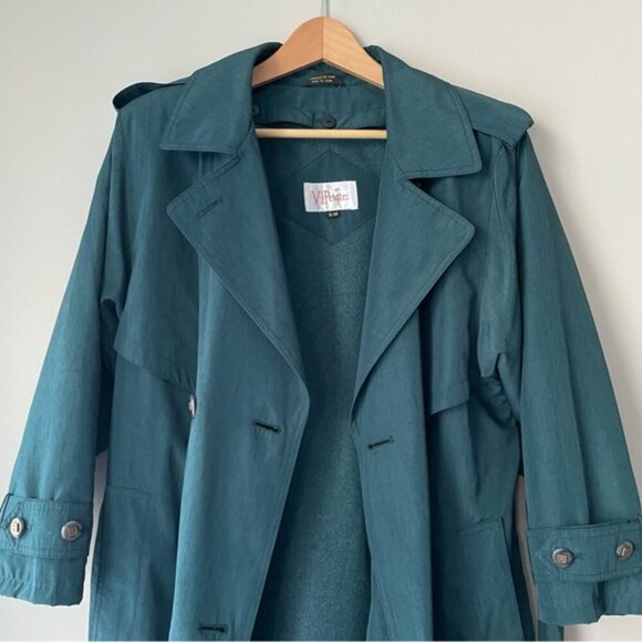 SOLD Vintage 80s 90s Oversized Lined Teal Trench Coat Size 9/10 Petite - Picture 11 of 13